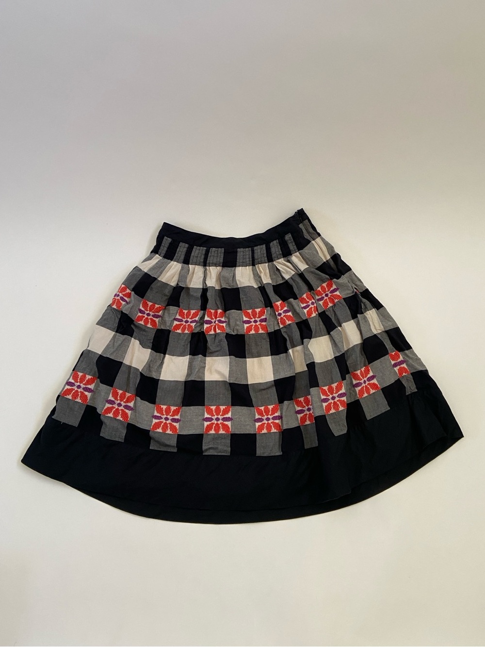 Floreat Black & White Plaid Skirt with Red Embroidered Motifs
